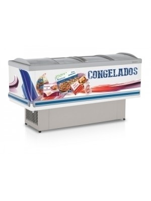 EXPOSITOR ILHA TOP DUPLA AÇÃO VIDRO CURVO DESLIZANTE - COLARINHO PVC 